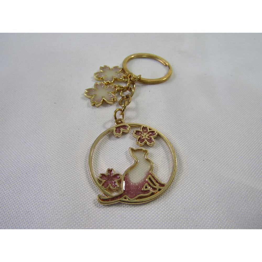 Kitty Cat Pink Floral Sparkly Key Ring/Chain Boho Artsy Flowers Gold Tone